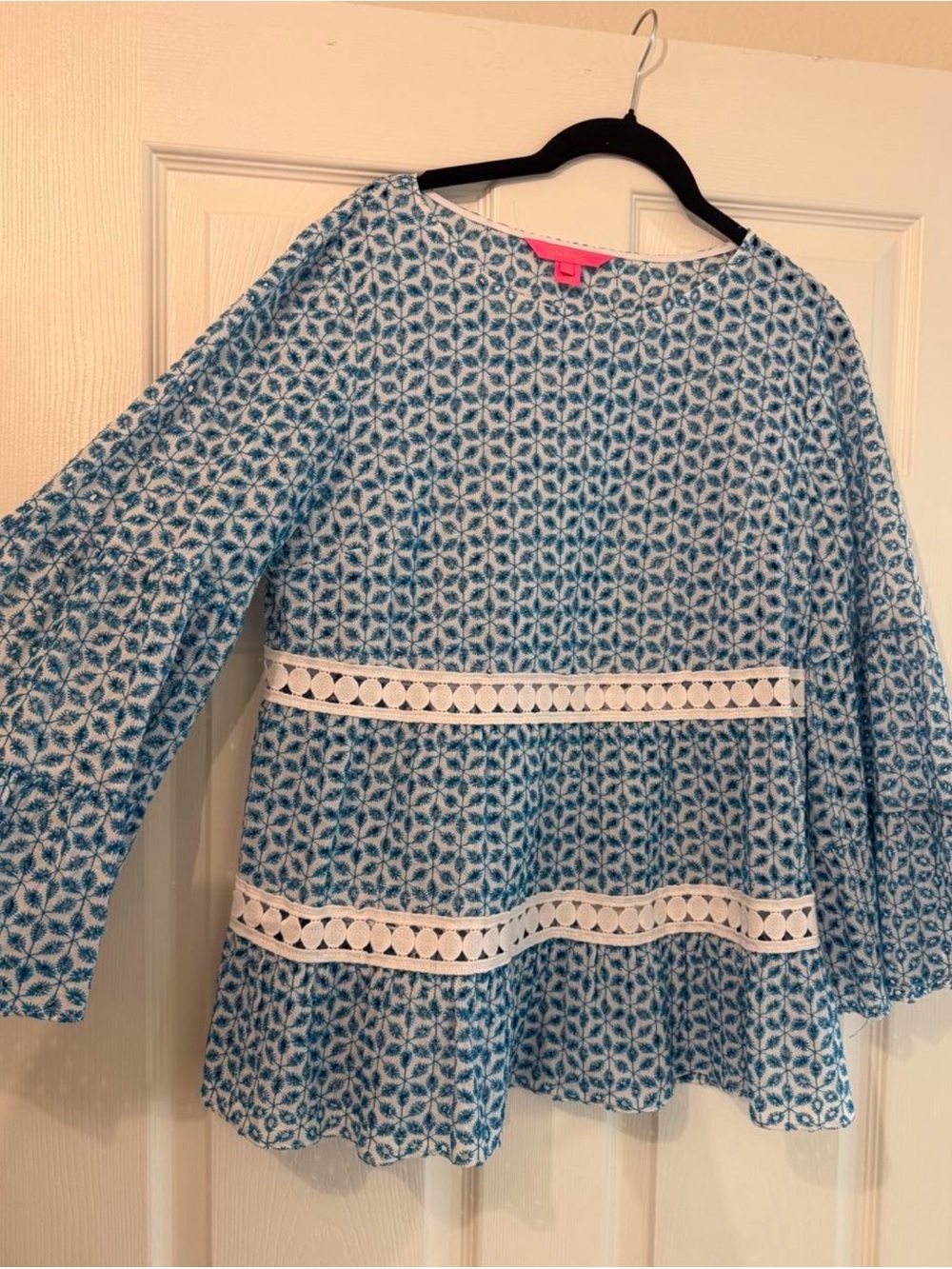 Lilly Pulitzer Blue Floral Tiered Peplum Top with White Trim
